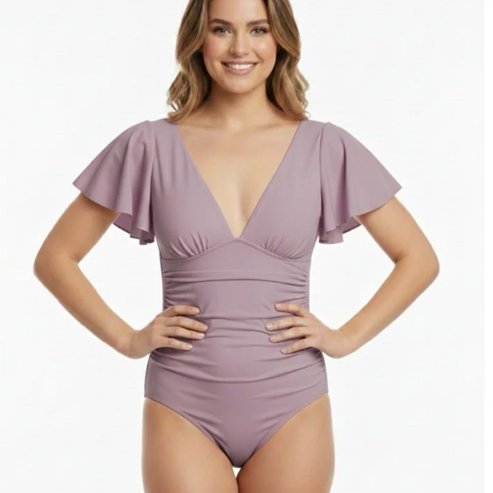 Joan Vass Light Purple Ruffle Sleeve NEW One piece‎ Swimsuit Size Large